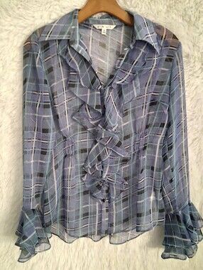 Cabi Sheer Blue Plaid Flowy Blouse Small